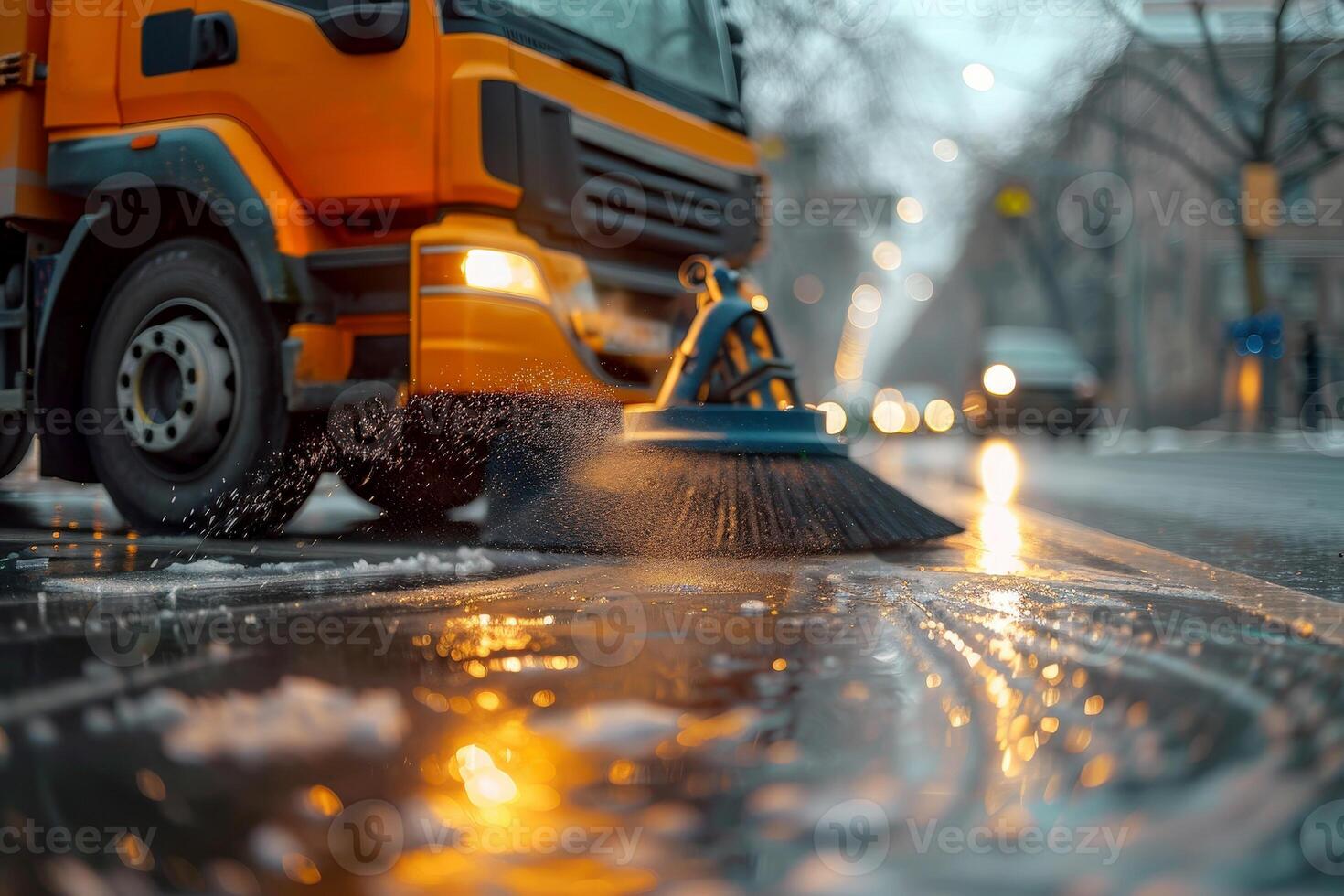 Close-up of a cleaning car sweeping the street. image photo