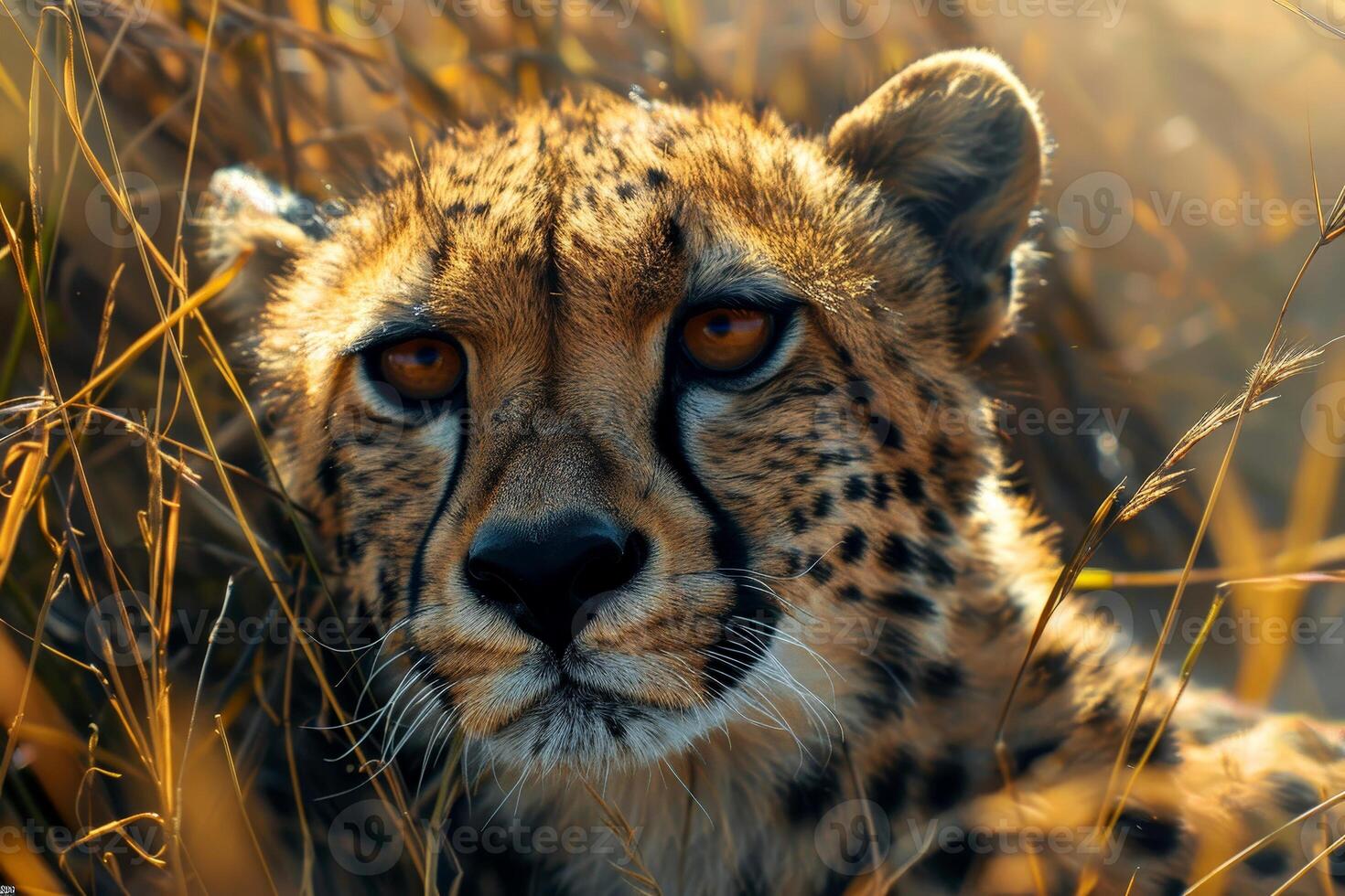 A close up of a cheetah face across the savannah with its coat rippling in the wind - photo