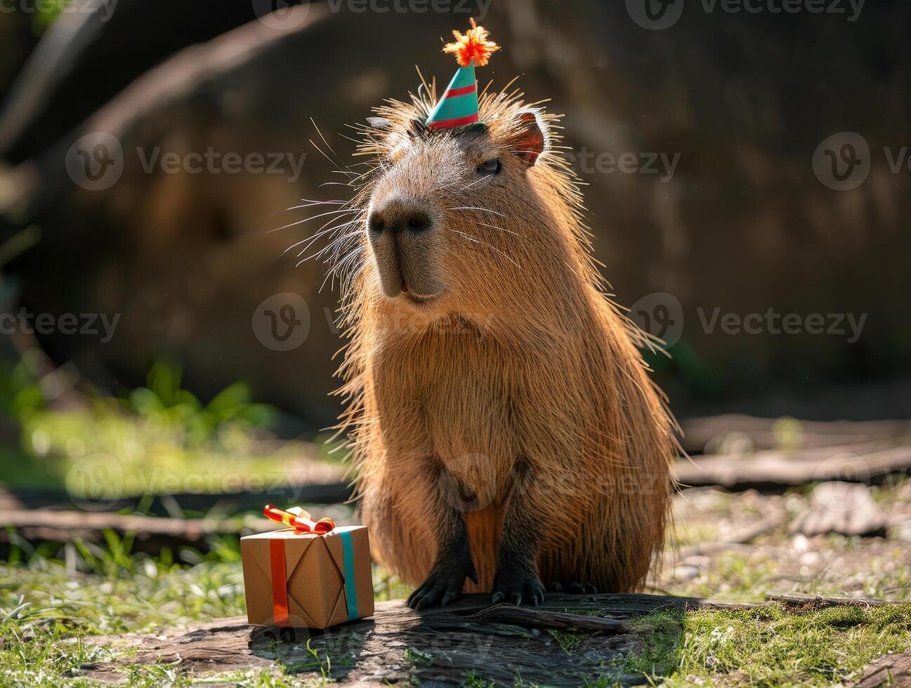 capybara with a party hat to hold present photo