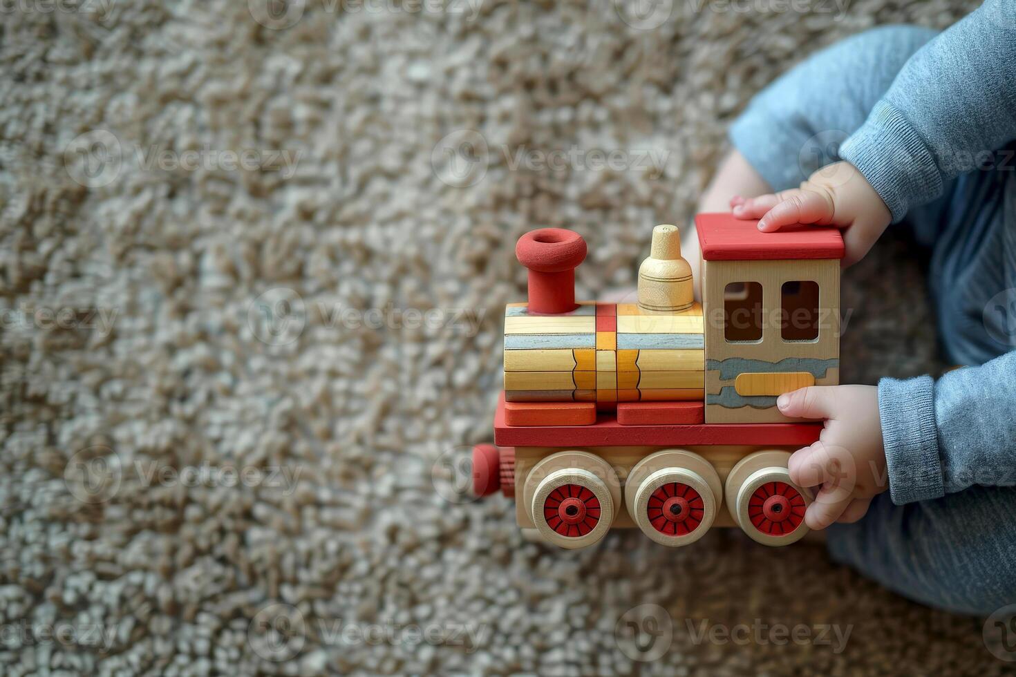 a baby playing Wooden toy locomotive. learning and education concept. photo
