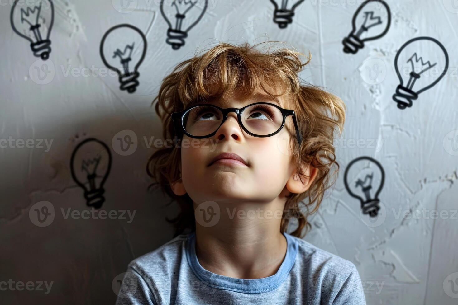 Child look up a light bulb in the classroom, concept of ideas and creativity. photo