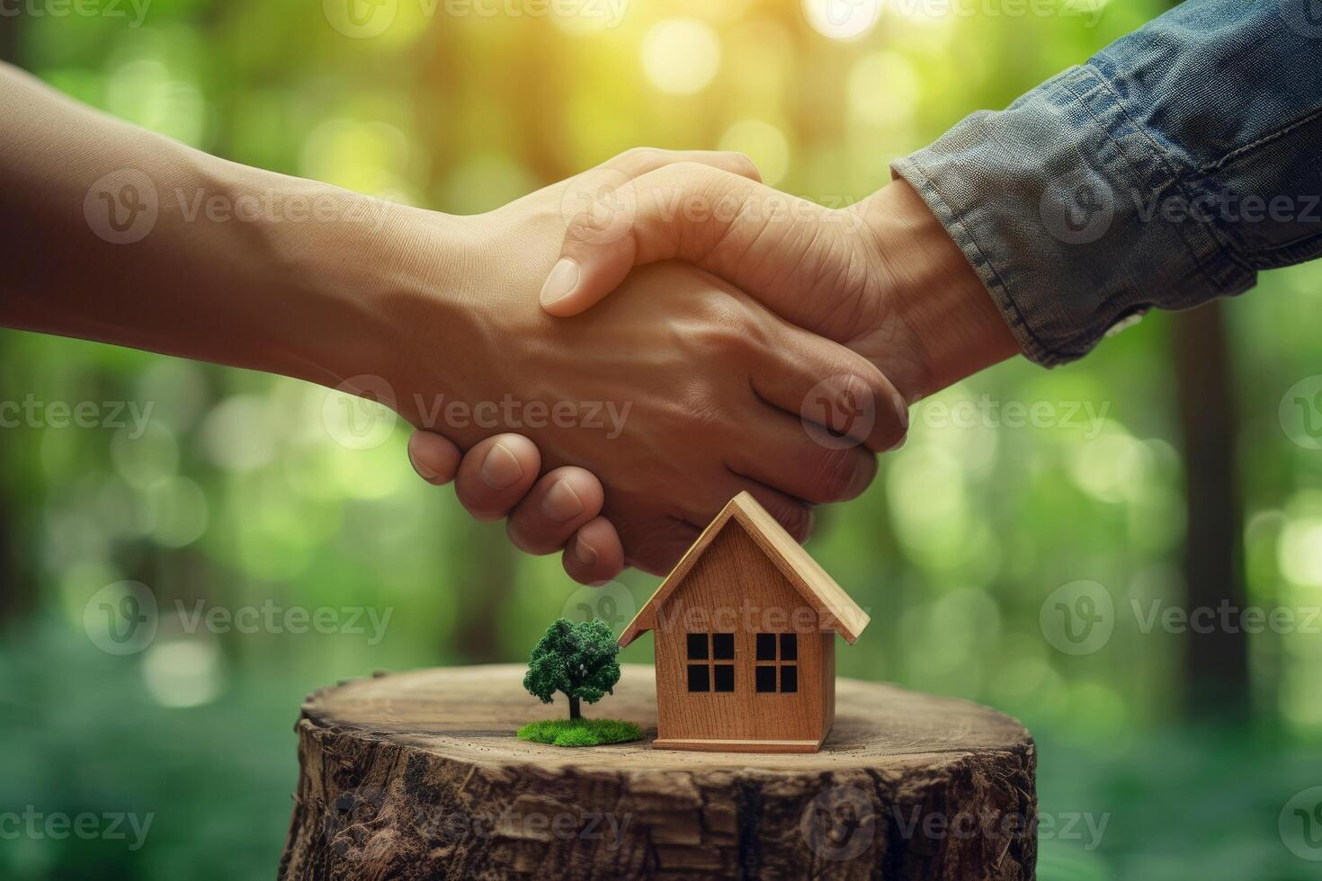 the real estate technology concept, of a real estate businessman holding a house and key given customer, selling house, house on background, table, working, photo