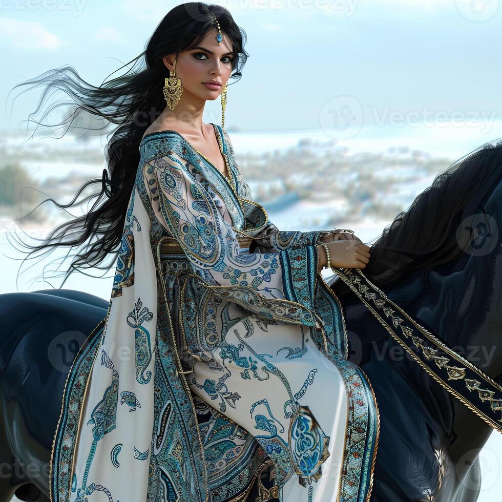 Portrait of an elegant woman in traditional Arabic dress, posing outdoors with a horse. Capturing the beauty and cultural essence of an oriental setting. photo