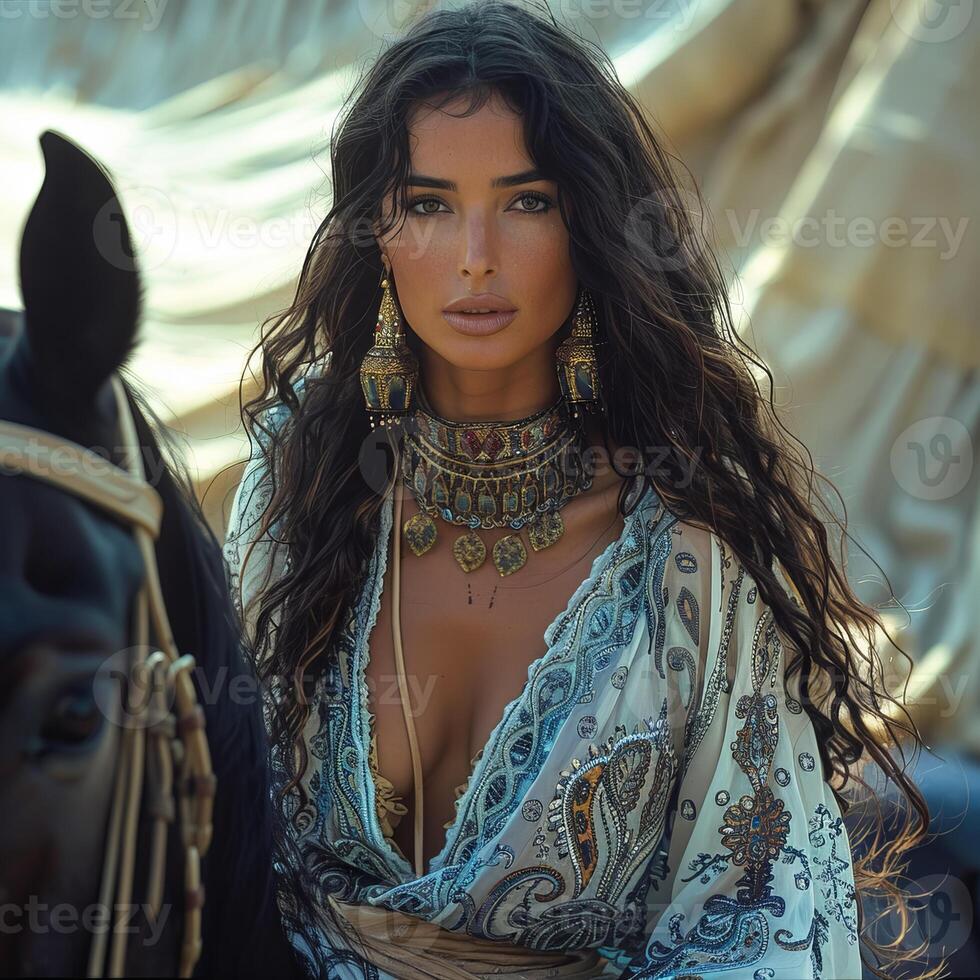 Portrait of an elegant woman in traditional Arabic dress, posing outdoors with a horse. Capturing the beauty and cultural essence of an oriental setting. photo