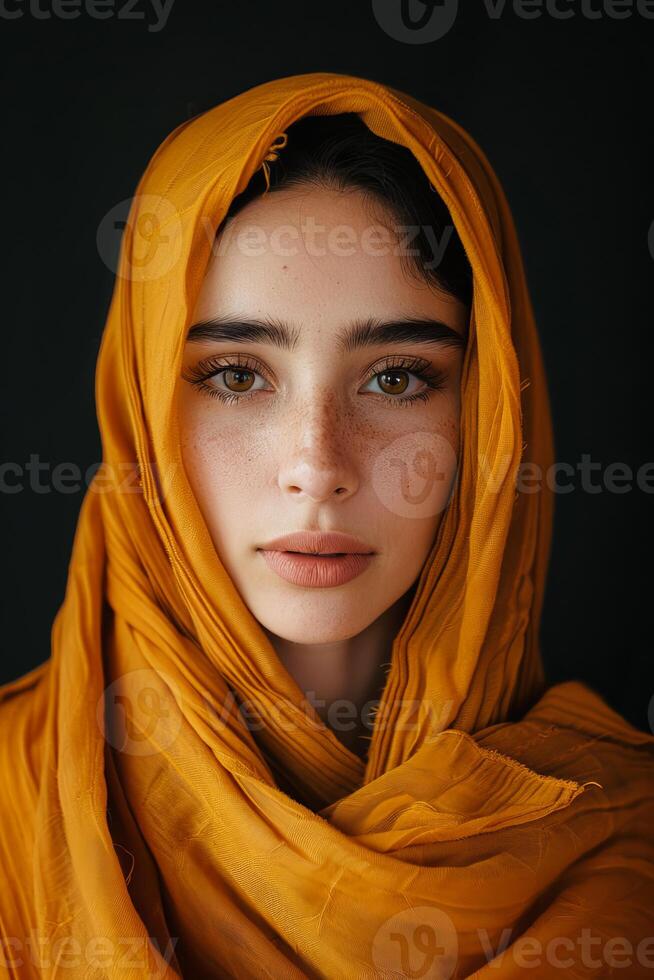 Portrait of a beautiful young Muslim woman wearing a traditional headscarf, blending modern fashion with cultural elegance. photo