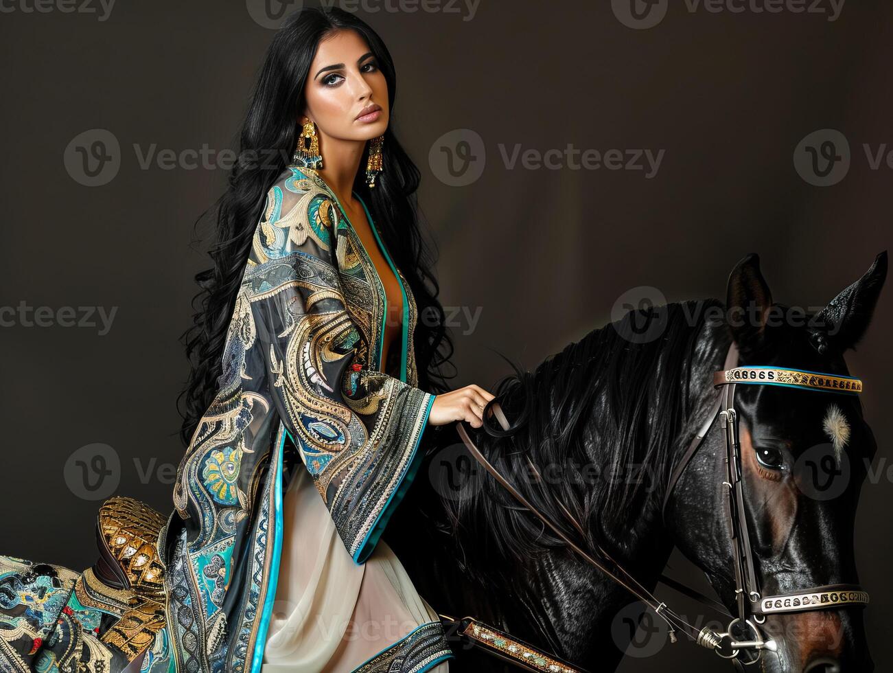 Portrait of an elegant woman in traditional Arabic dress, posing outdoors with a horse. Capturing the beauty and cultural essence of an oriental setting. photo