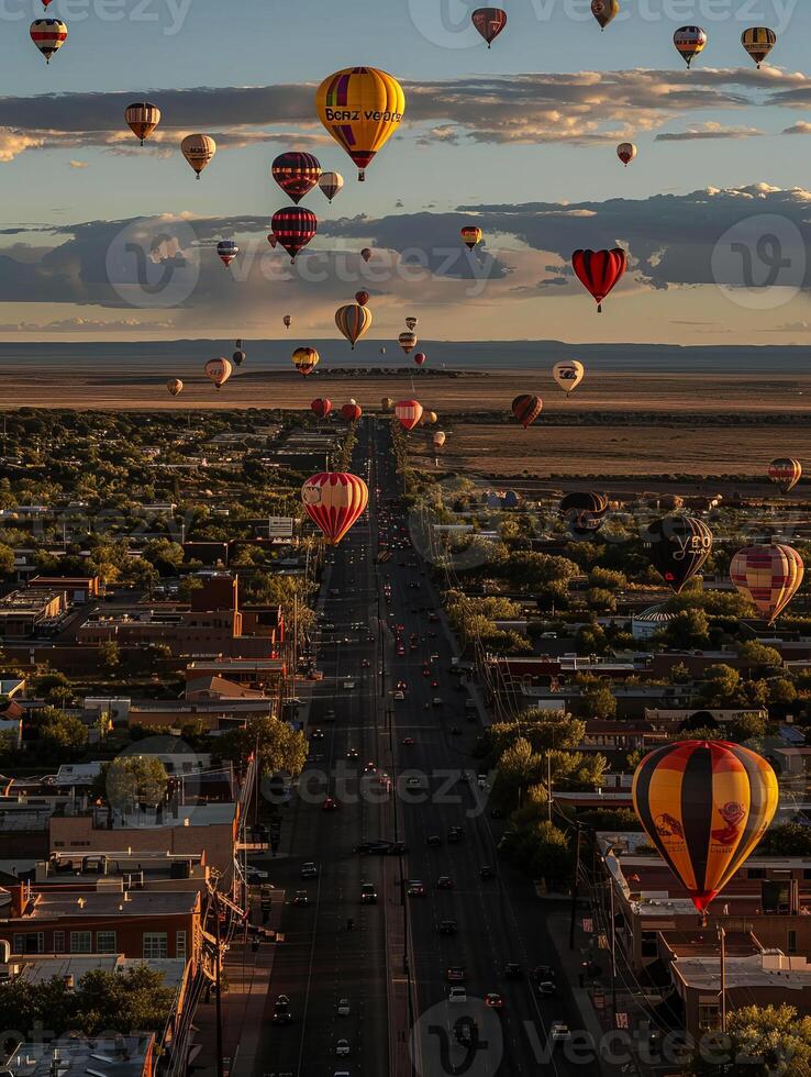 Colourful hot air balloons floating in the blue sky during a summer festival, capturing the essence of adventure and travel. photo
