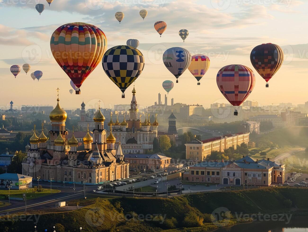 Colourful hot air balloons floating in the blue sky during a summer festival, capturing the essence of adventure and travel. photo
