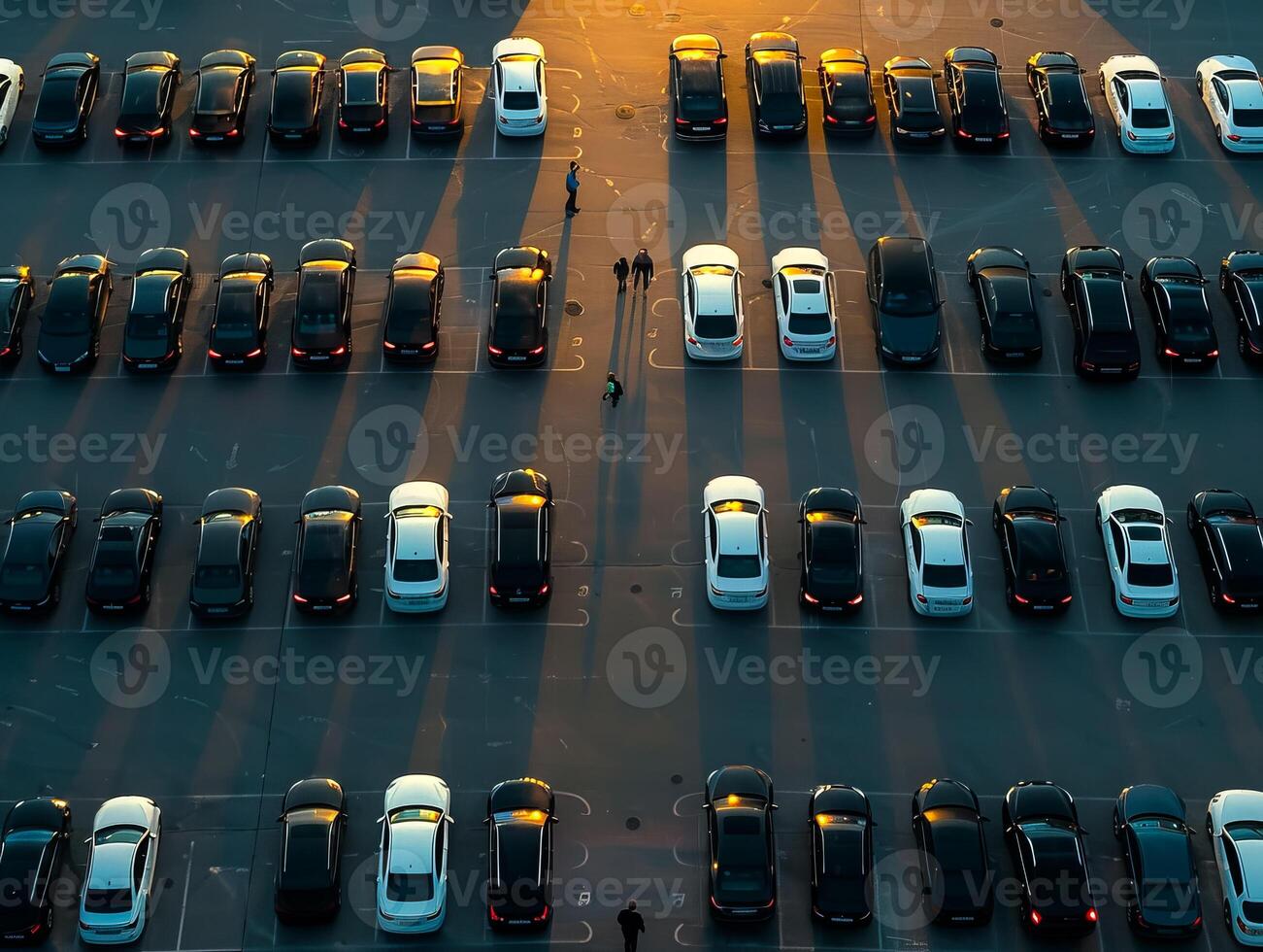 Aerial view of a crowded urban parking lot with rows of cars, showcasing the busy city environment. photo