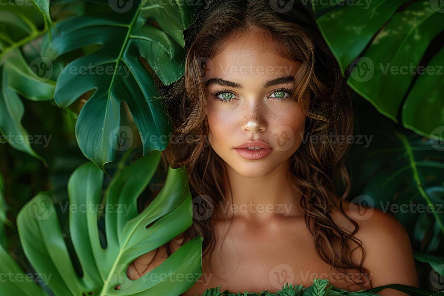 Portrait of a beautiful young woman, surrounded by lush tropical leaves, embodying natural beauty and exotic freshness. photo