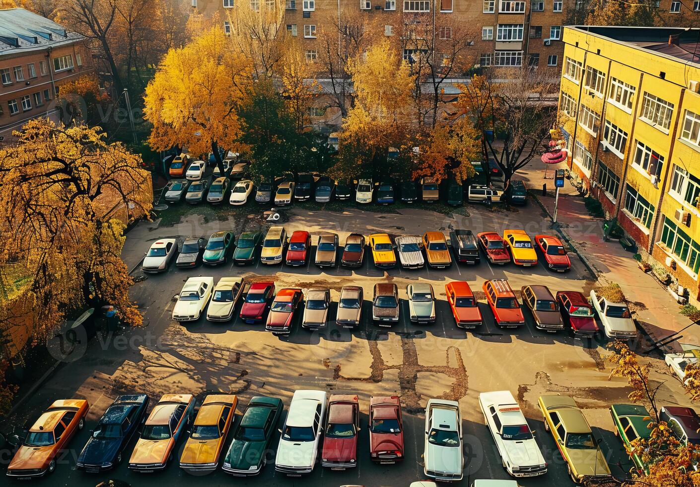 Aerial view of a crowded urban parking lot with rows of cars, showcasing the busy city environment. photo