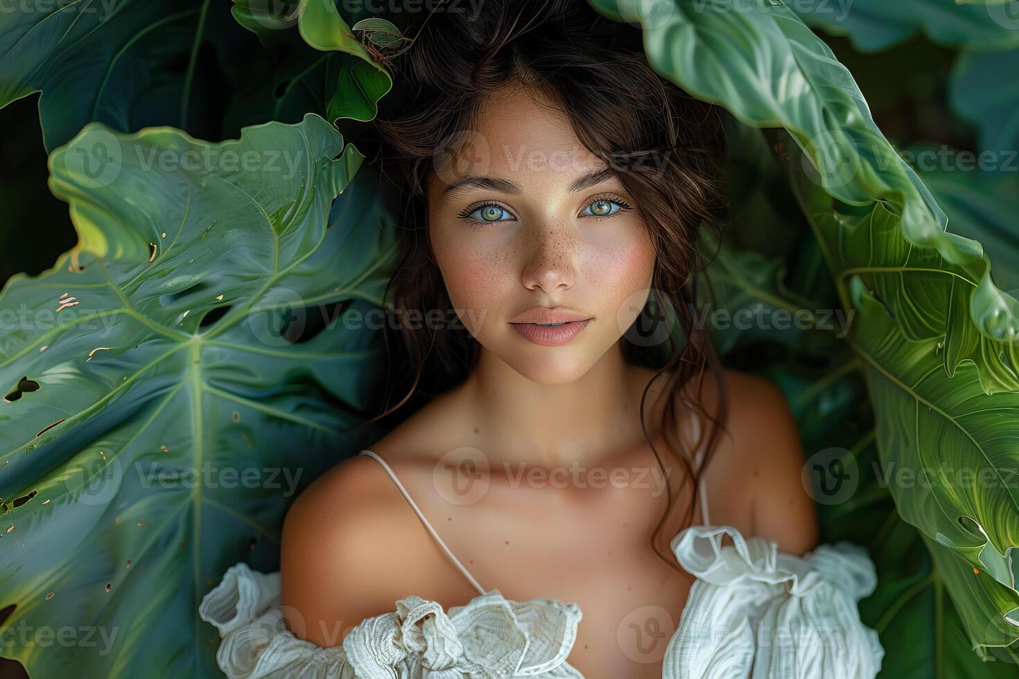 Portrait of a beautiful young woman, surrounded by lush tropical leaves, embodying natural beauty and exotic freshness. photo