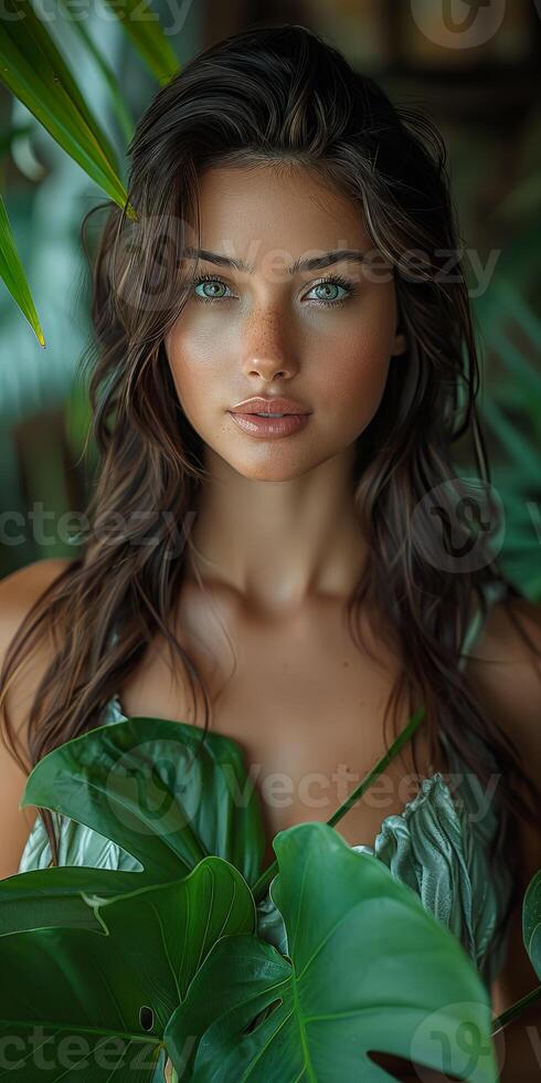 Portrait of a beautiful young woman, surrounded by lush tropical leaves, embodying natural beauty and exotic freshness. photo