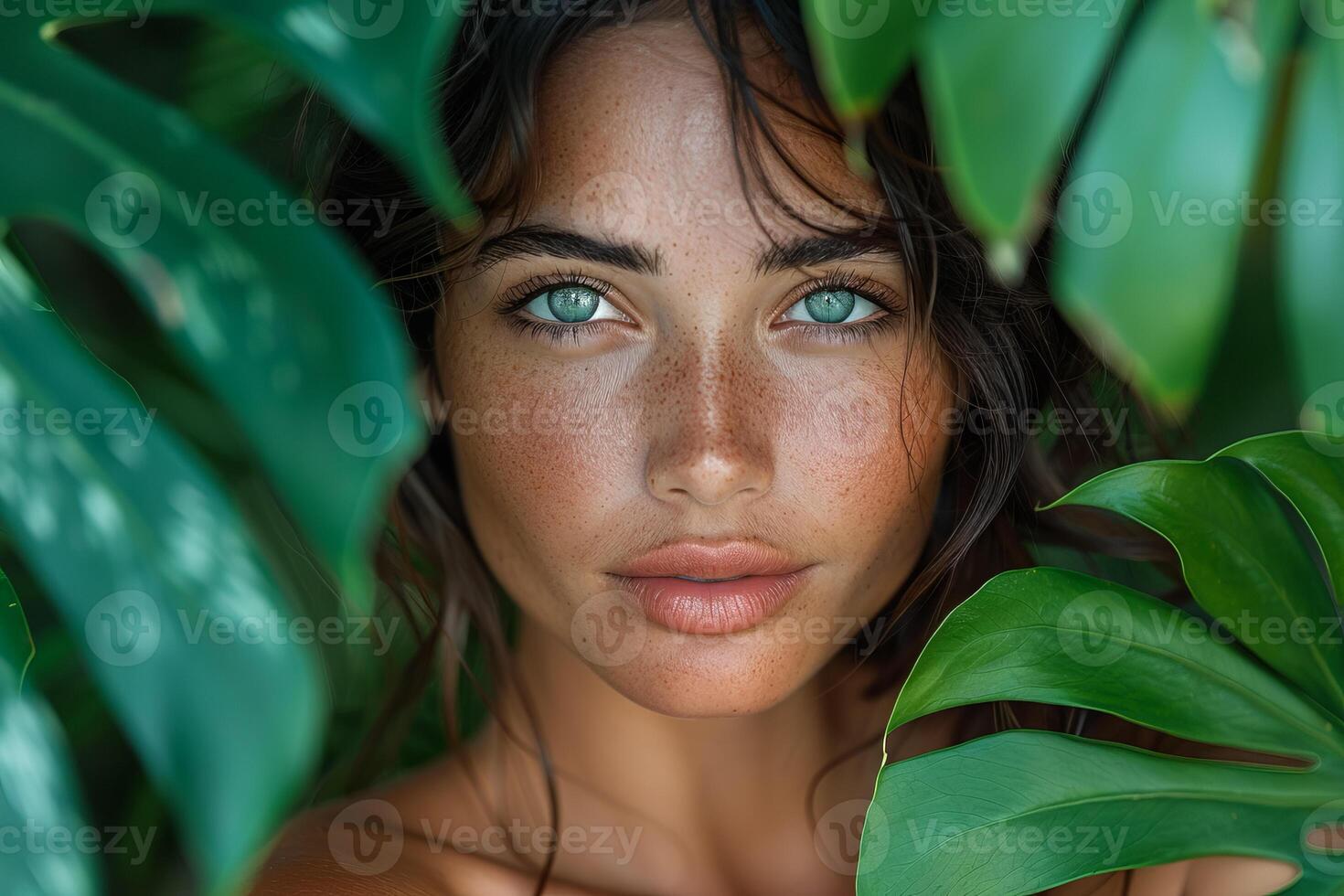 Portrait of a beautiful young woman, surrounded by lush tropical leaves, embodying natural beauty and exotic freshness. photo