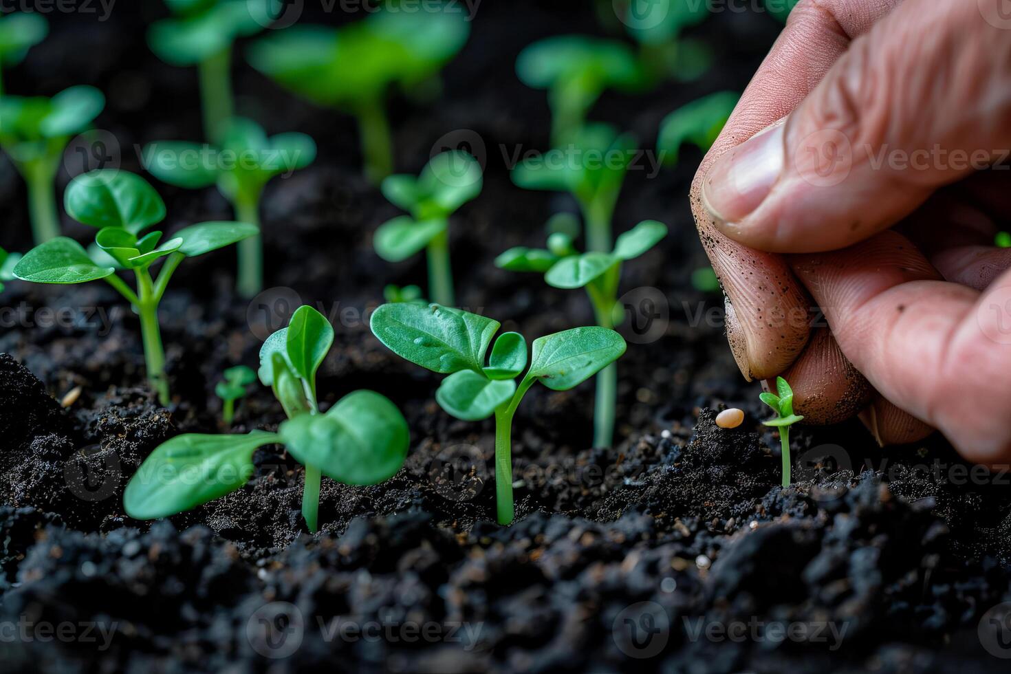 Closeup green seedling sprouting from the earth, symbolizing growth and organic agriculture, emphasizing eco friendly and healthy food practices. photo
