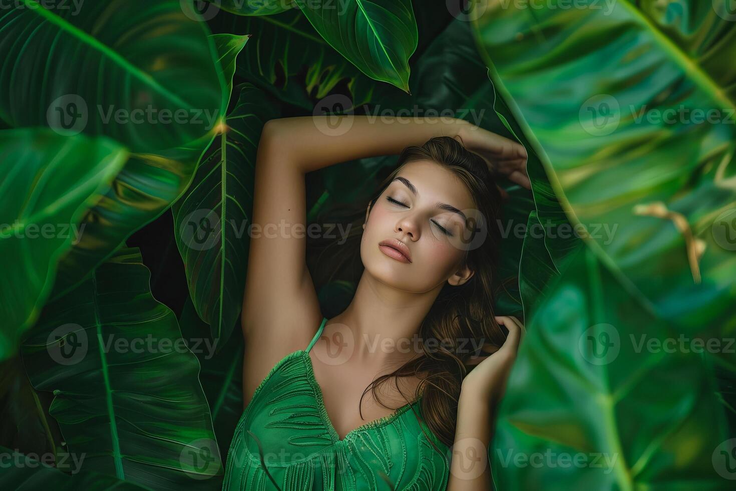 Portrait of a beautiful young woman, surrounded by lush tropical leaves, embodying natural beauty and exotic freshness. photo