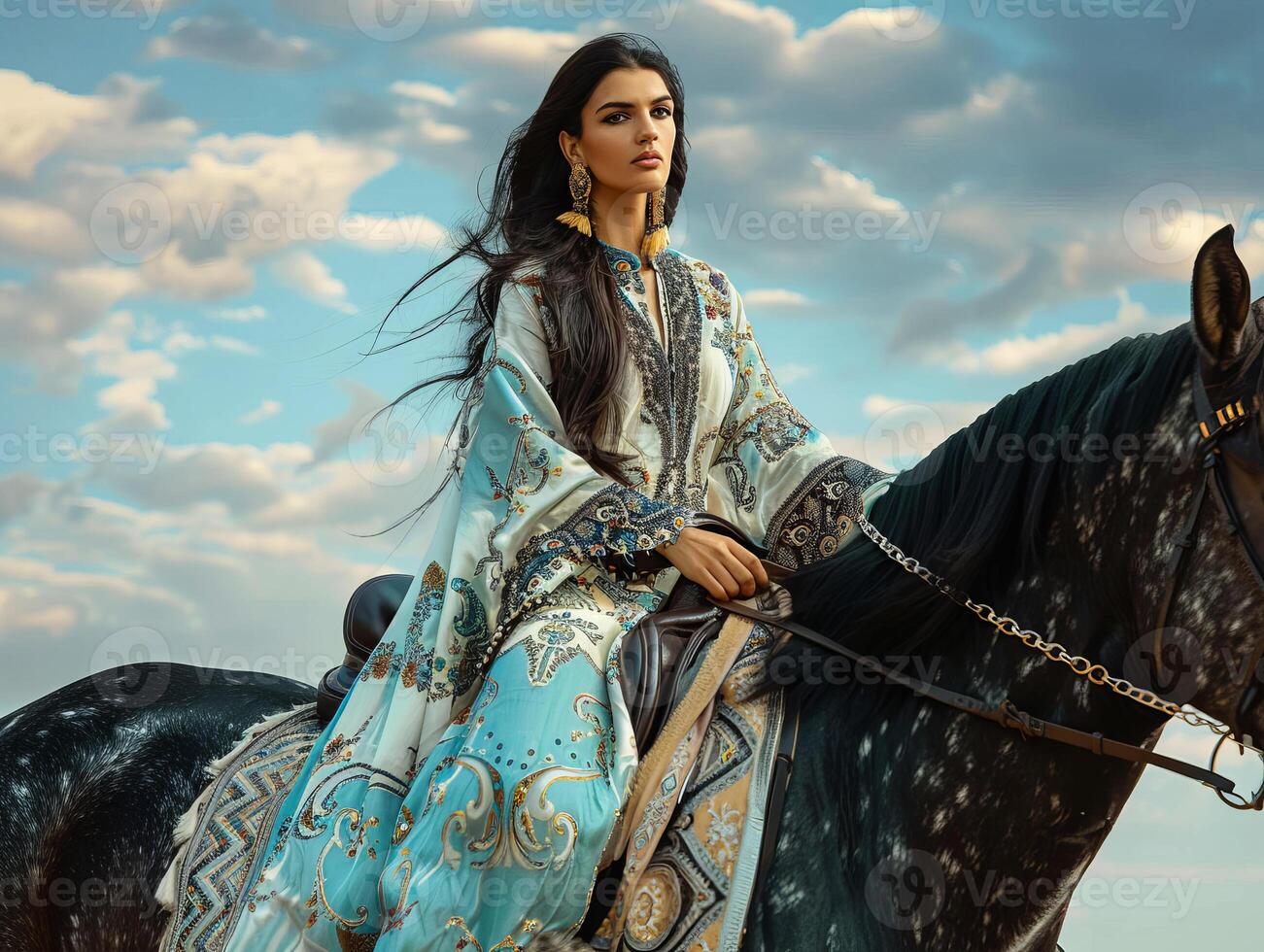 Portrait of an elegant woman in traditional Arabic dress, posing outdoors with a horse. Capturing the beauty and cultural essence of an oriental setting. photo
