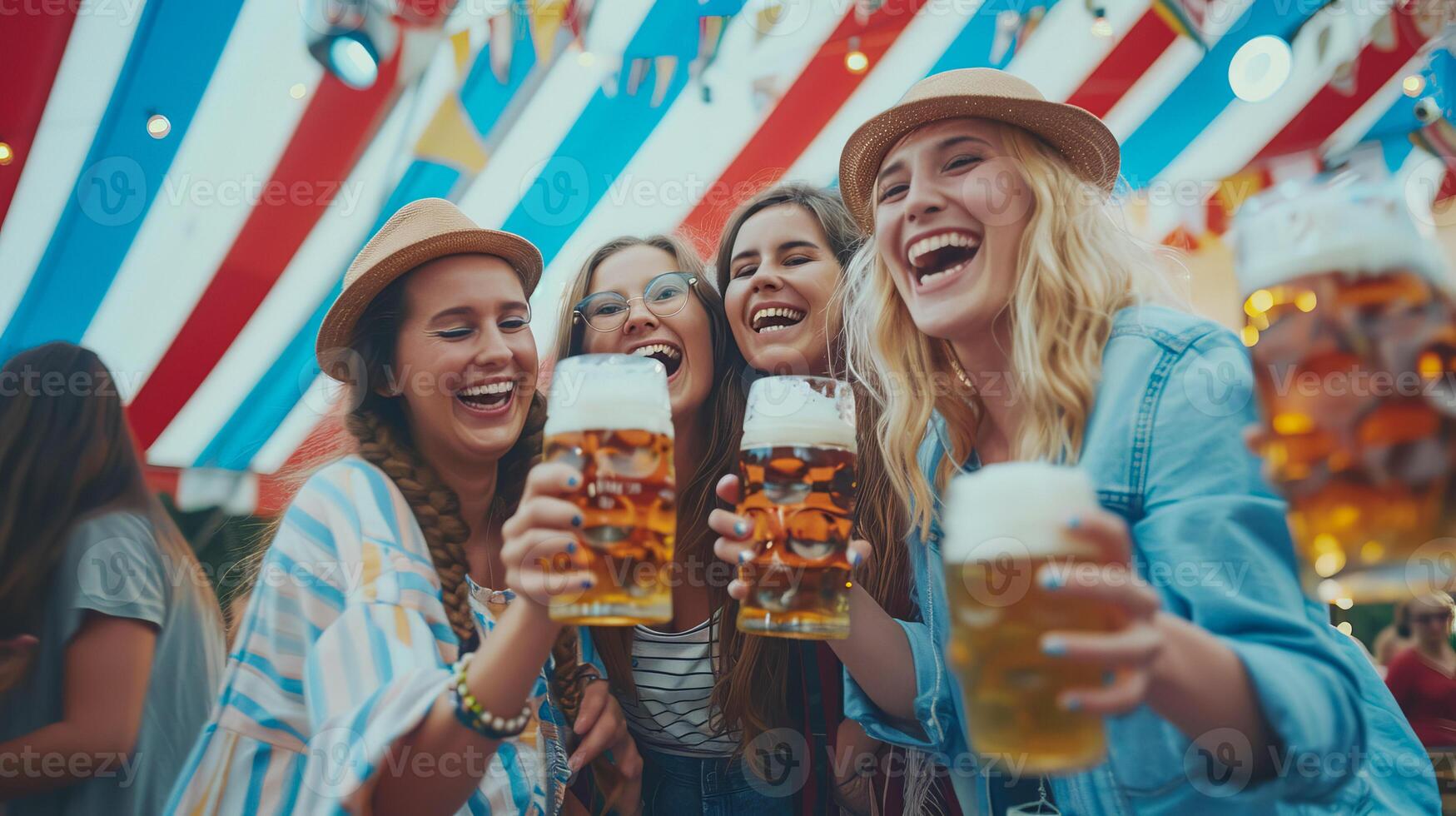 A cheerful group of friends enjoy beer and pretzels at the Oktoberfest festival. Theme of travel and tourism. photo