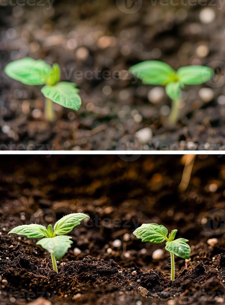 Closeup green seedling sprouting from the earth, symbolizing growth and organic agriculture, emphasizing eco friendly and healthy food practices. photo