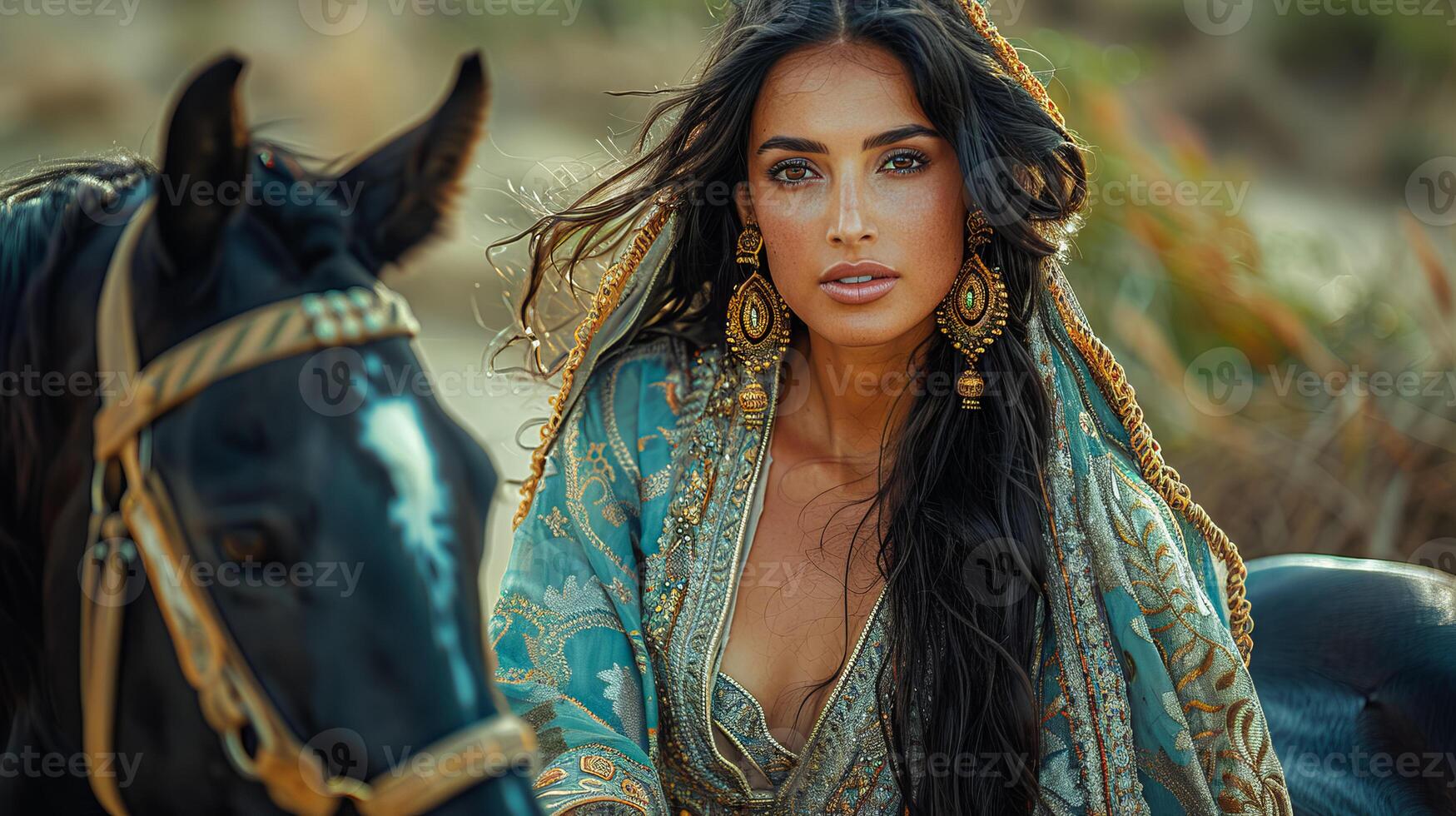 Portrait of an elegant woman in traditional Arabic dress, posing outdoors with a horse. Capturing the beauty and cultural essence of an oriental setting. photo