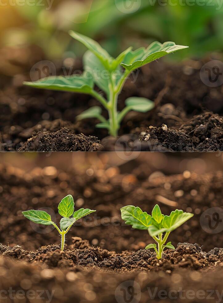 Closeup green seedling sprouting from the earth, symbolizing growth and organic agriculture, emphasizing eco friendly and healthy food practices. photo