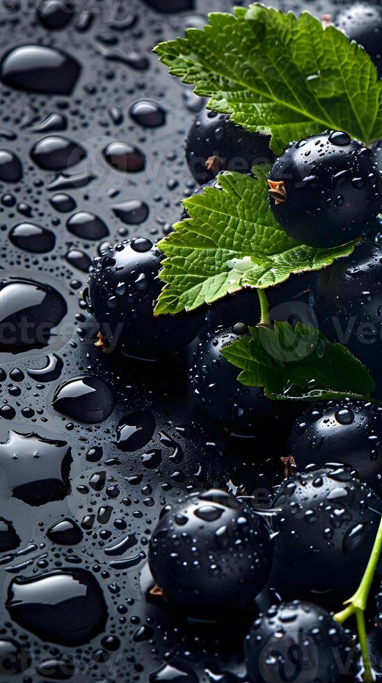 Ripe black currant berries, in droplets of water with green leaves. . Neural network photo