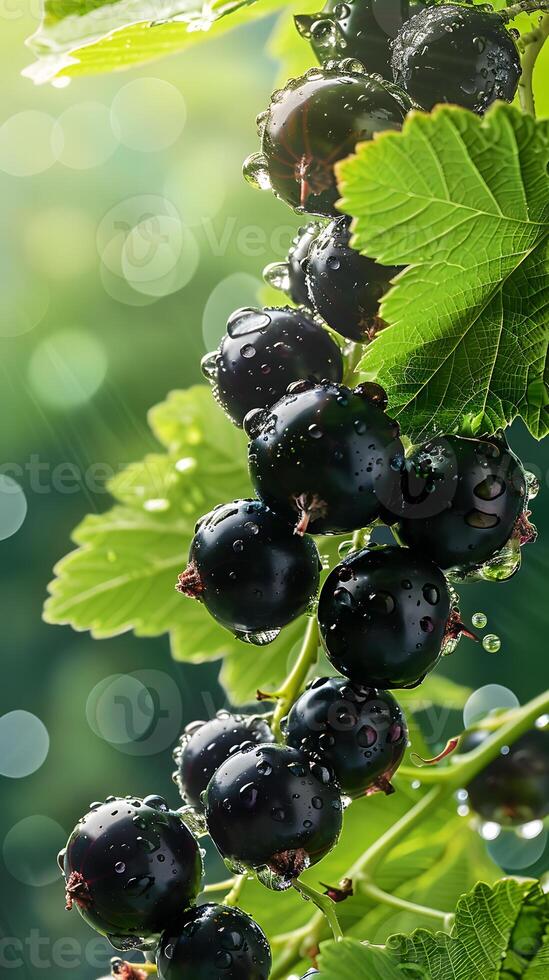 Ripe black currant berries, in droplets of water with green leaves. . Neural network photo