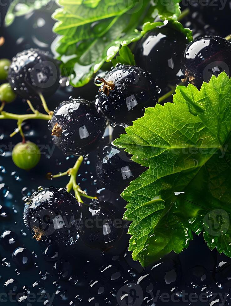 Ripe black currant berries, in droplets of water with green leaves. . Neural network photo