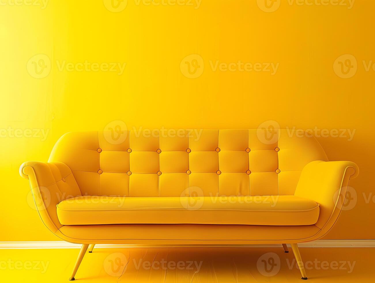Large yellow soft sofa on a yellow background. Neural network photo