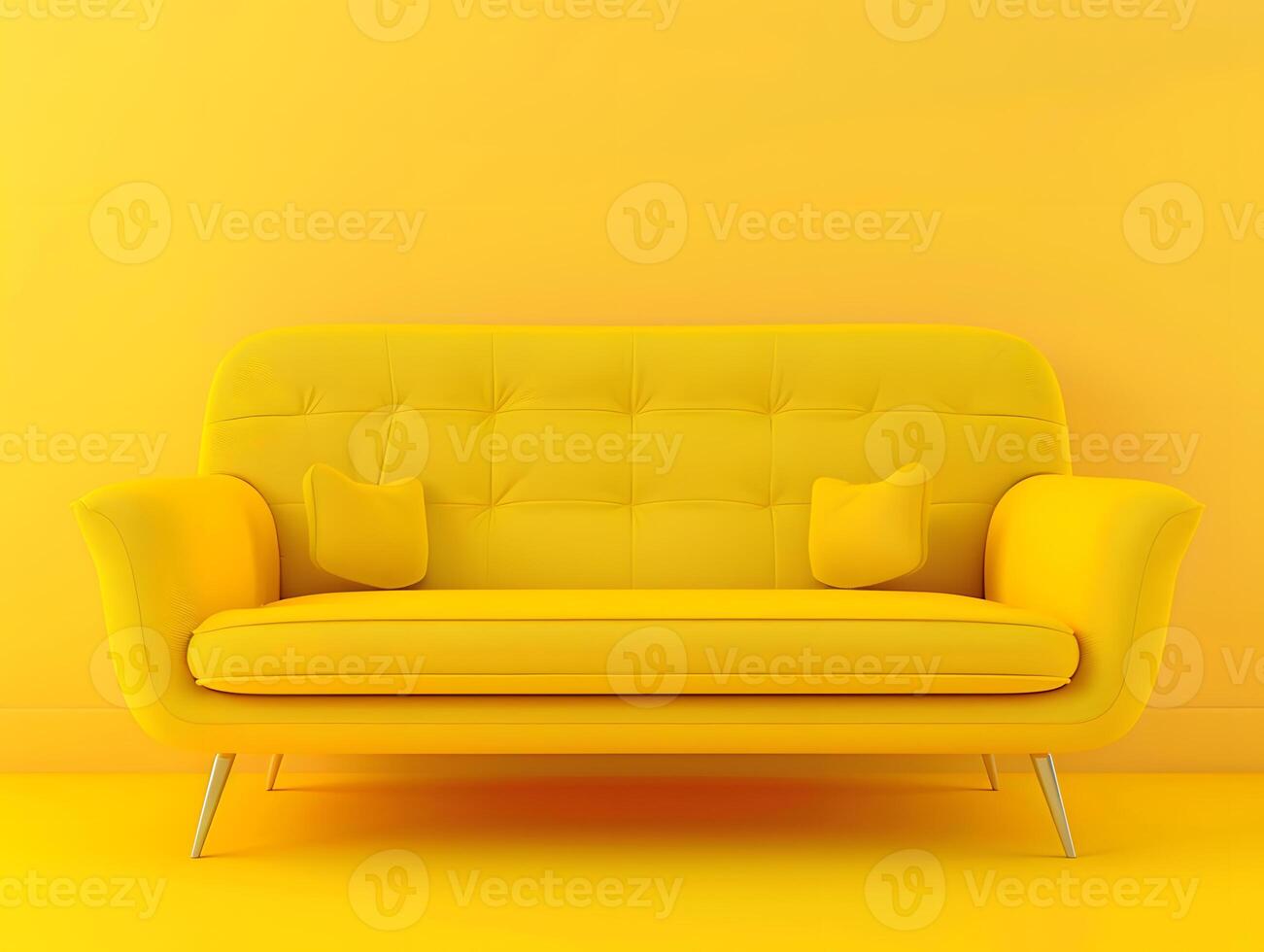 Large yellow soft sofa on a yellow background. Neural network photo