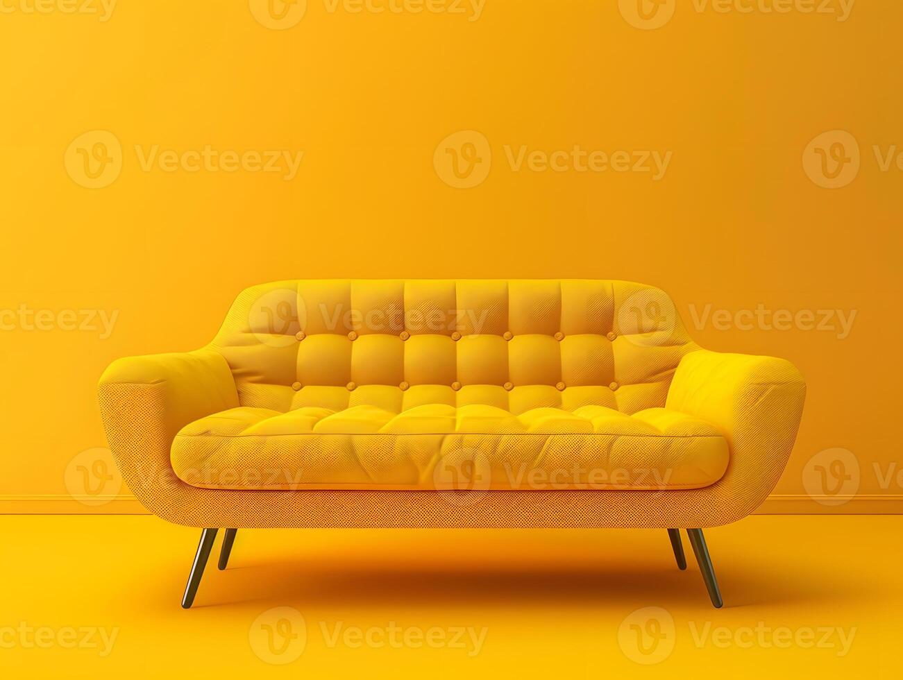 Large yellow soft sofa on a yellow background. Neural network photo