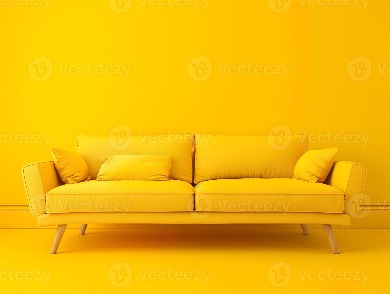 Large yellow soft sofa on a yellow background. Neural network photo