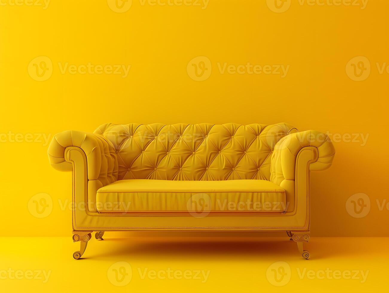 Large yellow soft sofa on a yellow background. Neural network photo