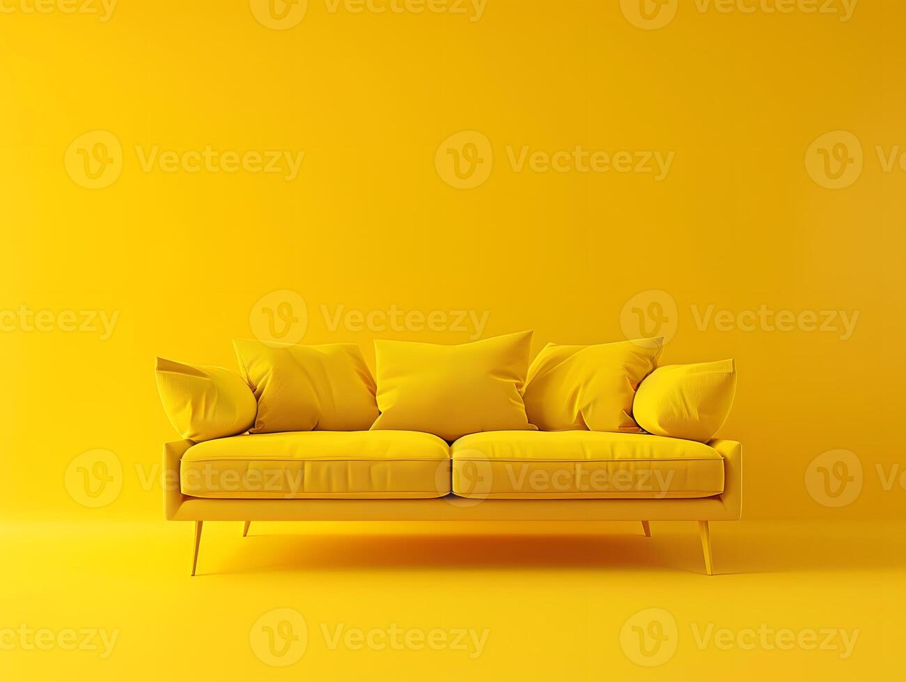 Large yellow soft sofa on a yellow background. Neural network photo