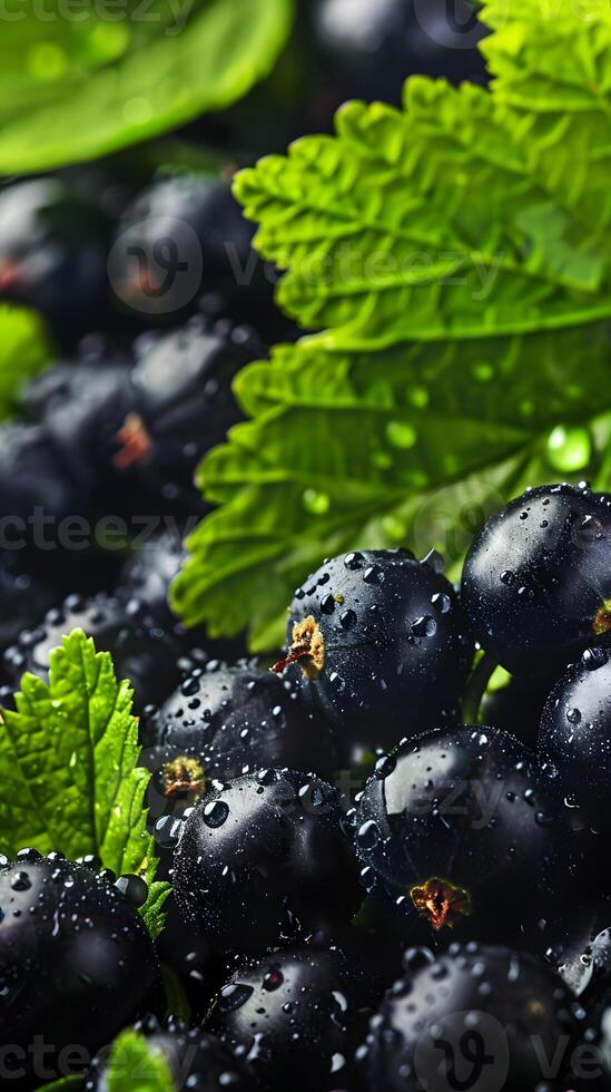 Ripe black currant berries, in droplets of water with green leaves. . Neural network photo