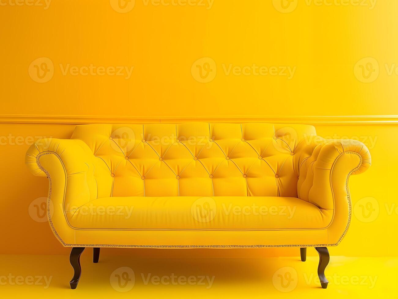 Large yellow soft sofa on a yellow background. Neural network photo