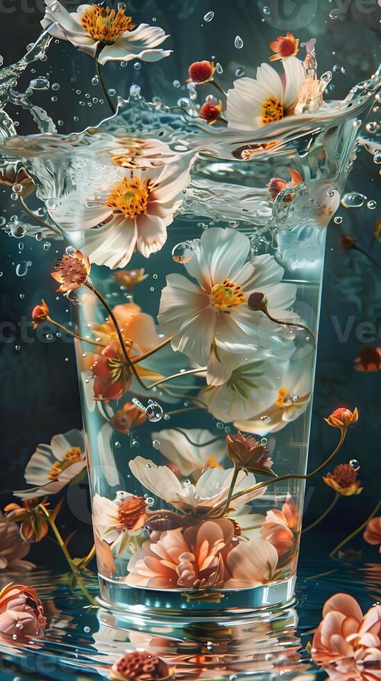 Field chamomile flowers in clear water in a glass. Neural network photo