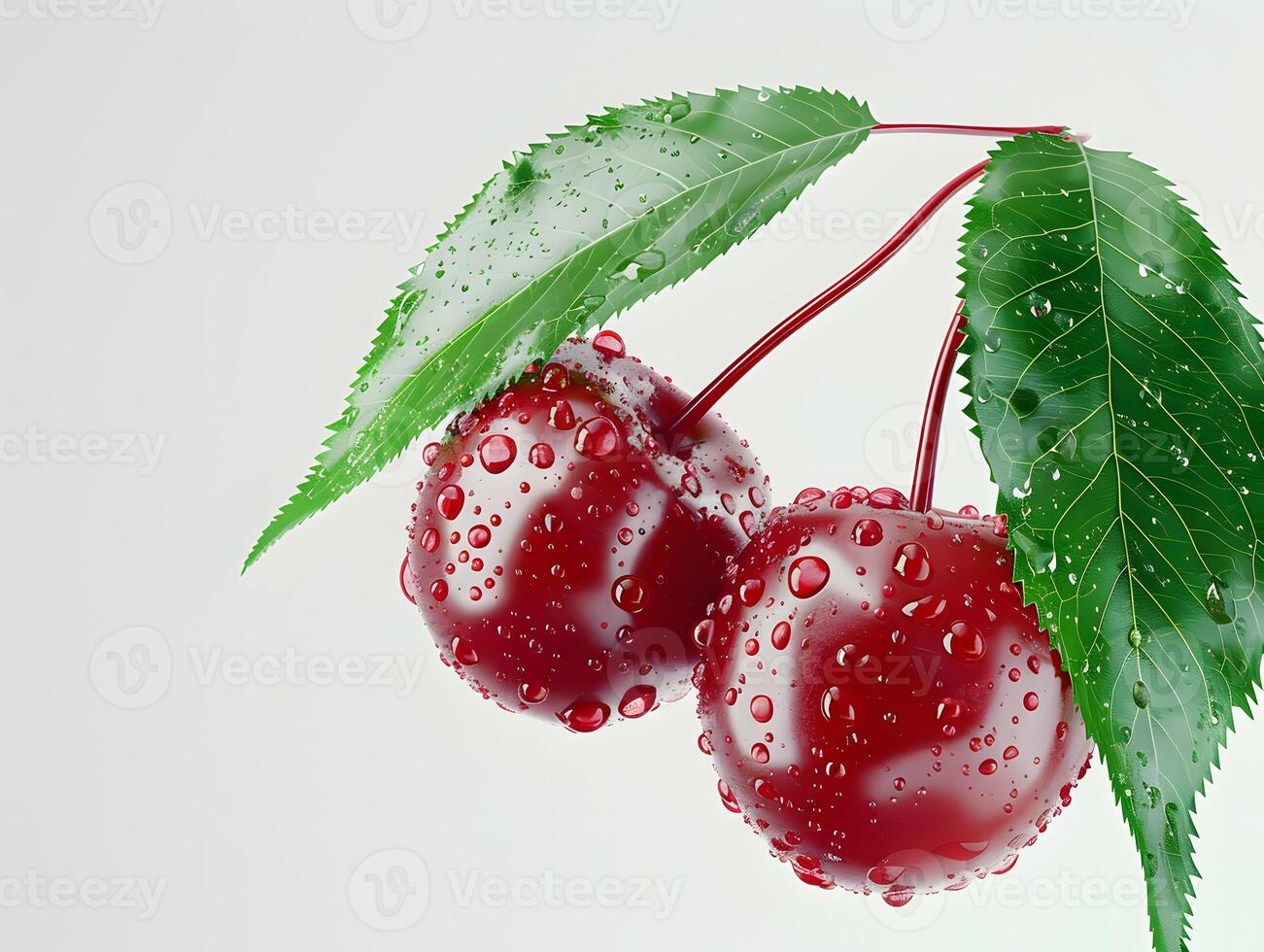 Ripe juicy cherries in droplets of water with green leaves. Neural network photo