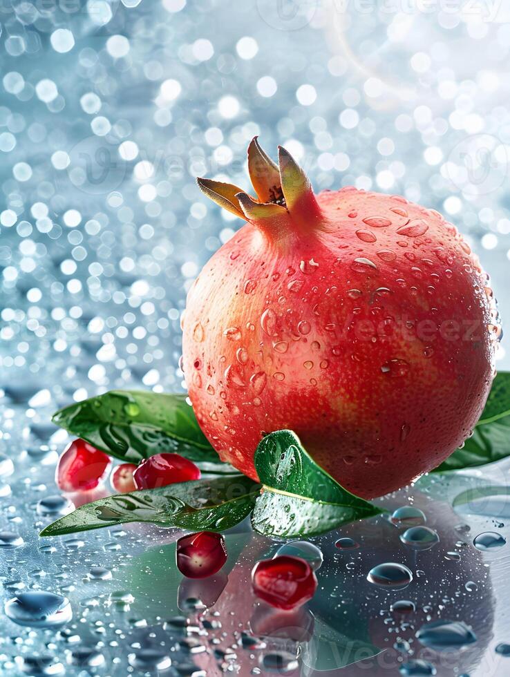 Beautiful red pomegranate fruits with water droplets. Neural network photo