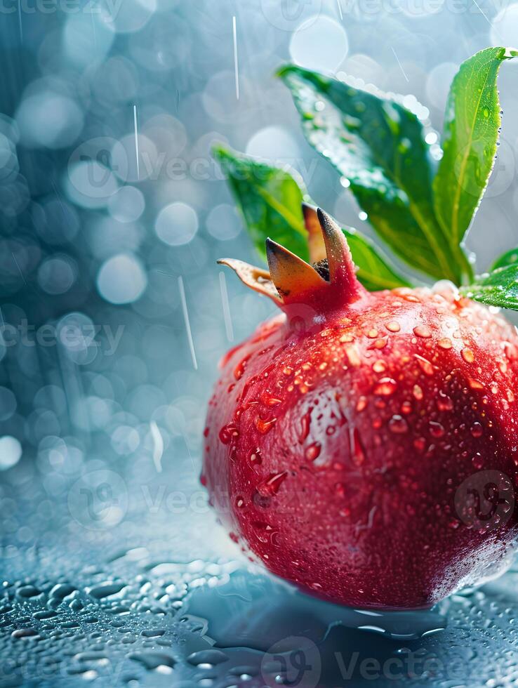 Beautiful red pomegranate fruits with water droplets. Neural network photo