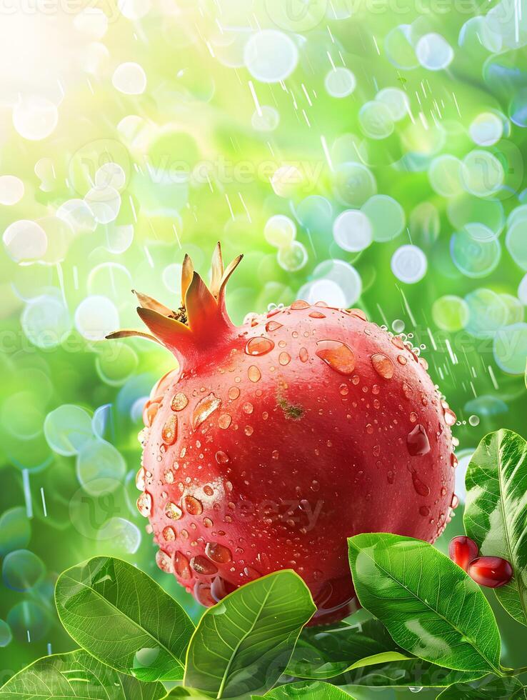 Beautiful red pomegranate fruits with water droplets. Neural network photo