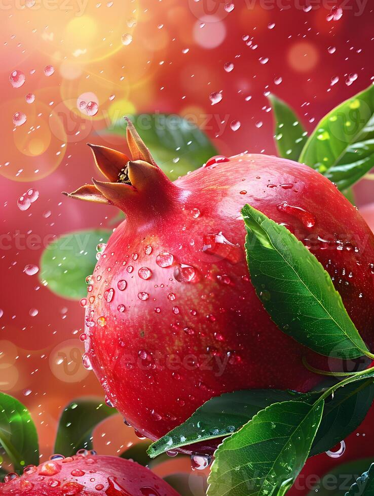 Beautiful red pomegranate fruits with water droplets. Neural network photo