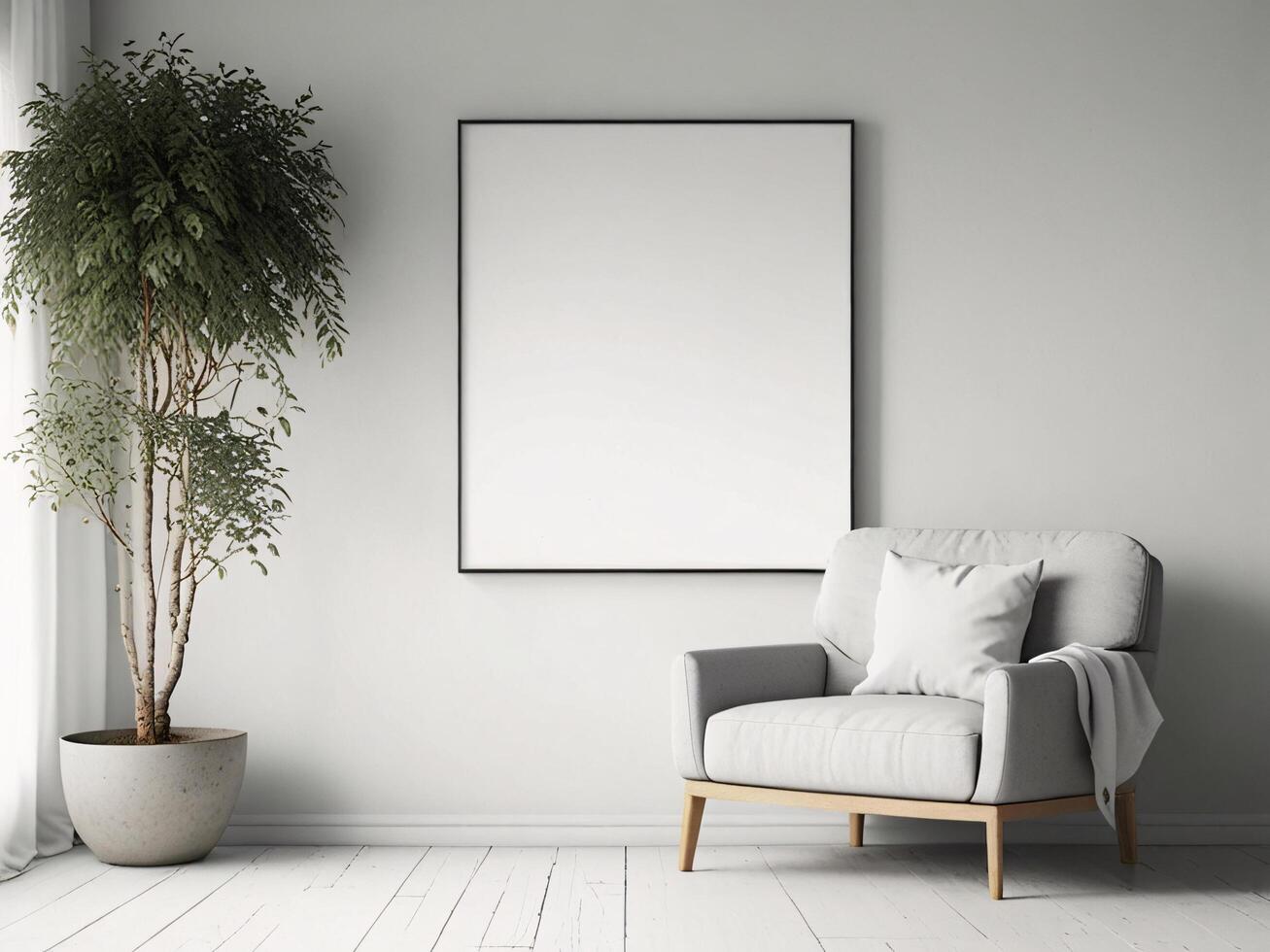 Frame mockup, ISO A paper size. Living room wall poster mockup. Interior mockup with house background. Modern interior design photo