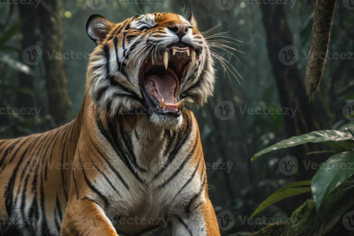 A Bengal tiger roar in the jungle. Dangerous Bengal Tiger in forest attack pose. photo