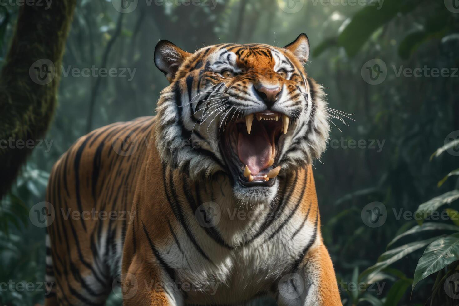 A Bengal tiger roar in the jungle. Dangerous Bengal Tiger in forest attack pose. photo