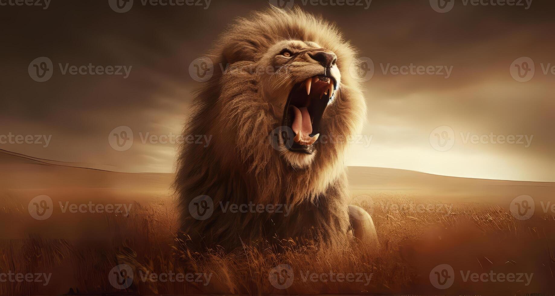 King of lion in savannah field. Illustration Portrait of A male lion roaring in the savanna field. photo