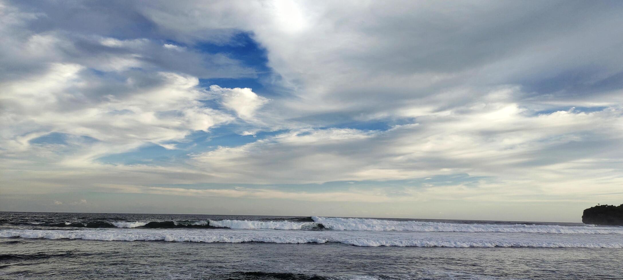 Beautiful Asian beach with a white cloudy sky landscape, enjoy the outdoor lifestyle in the beautiful open sea. photo