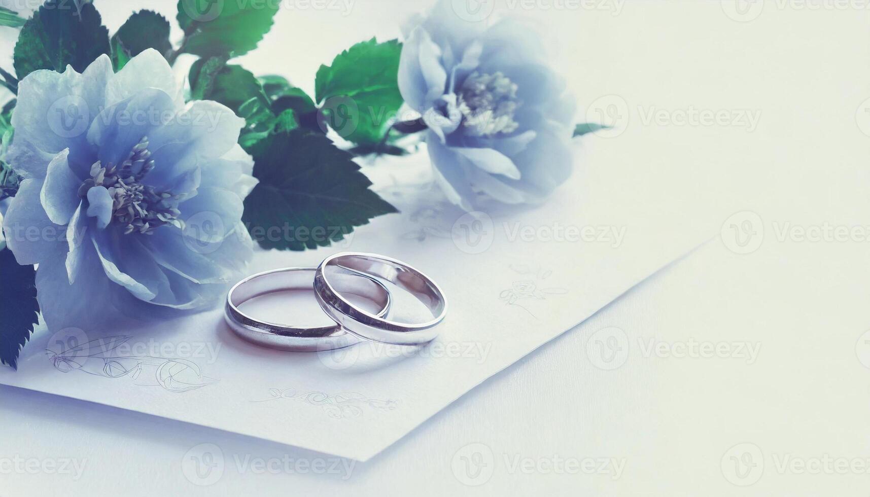Wedding rings, bridal jewelry on card with flowers, romantic concept photo