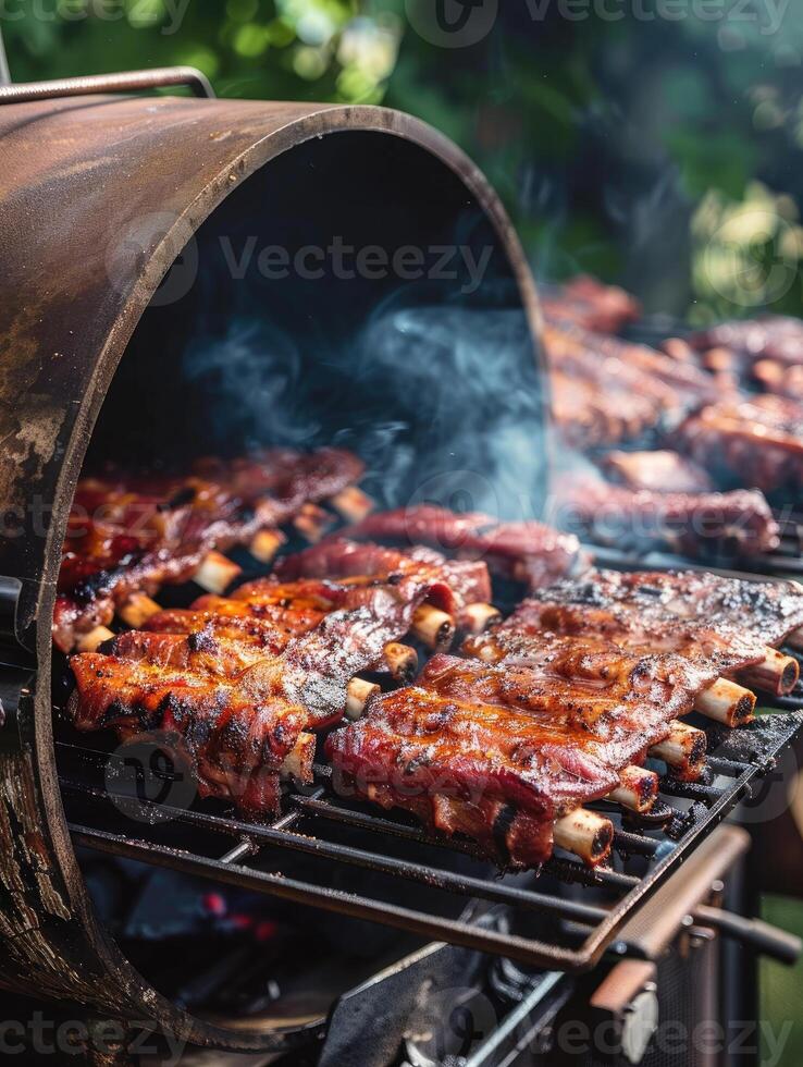 Savory Ribs SlowCooked to Perfection in Rustic Barbecue Smoker photo