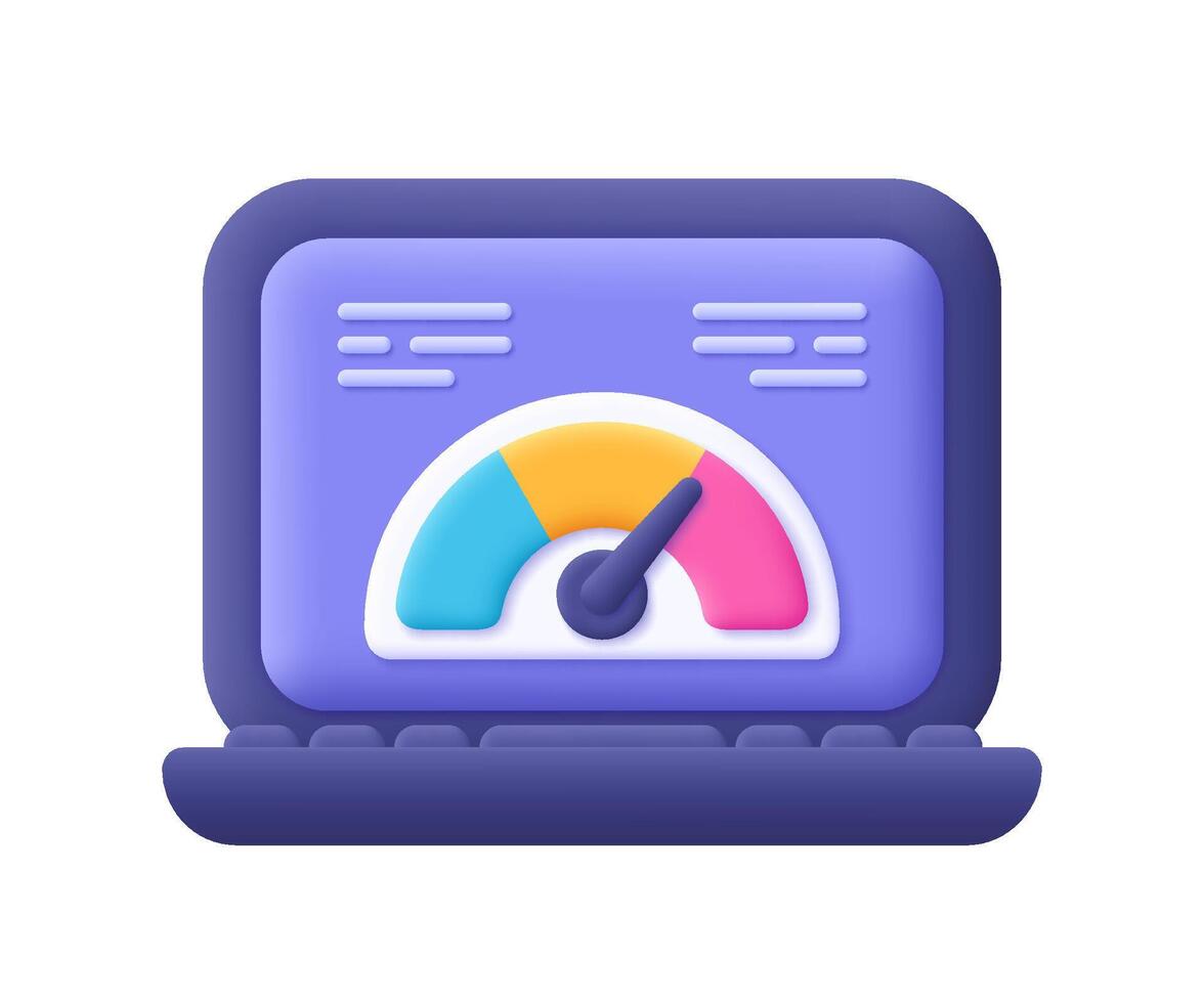 Laptop with speedometer on the screen. Speed test of internet connection, speed optimization and SEO concept.3d icon. Cartoon minimal style. vector